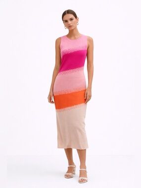 Caché Colorblock Knit Midi Dress Ombre Gradient Bodycon Resort Vacation XS